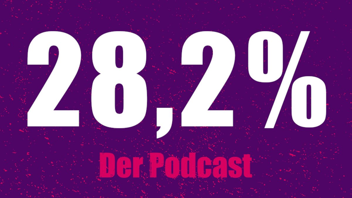 In weißer Schrift auf lila Grund mit pinken Sprenkeln: 28,2 %, darunter in pink: Der Podcast Logo 28Komma2Prozent 16zu9